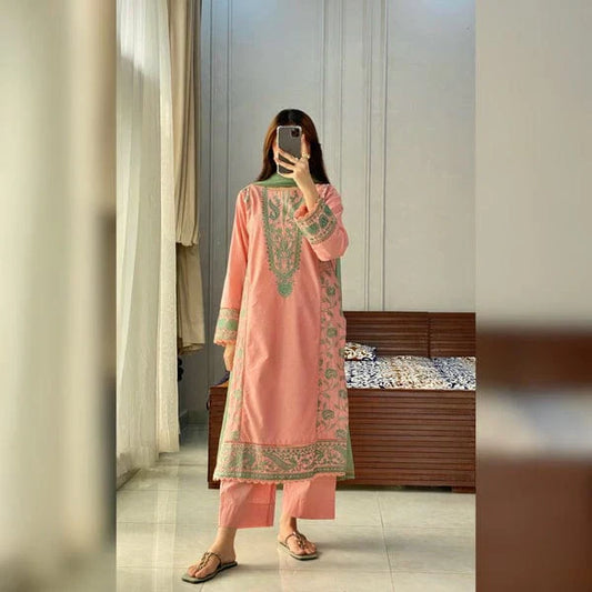 Coral Glow – Embroidered 3 Piece